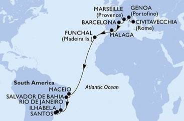 Itálie, Francie, Španělsko, Portugalsko, Brazílie z Civitavecchia na lodi MSC Grandiosa