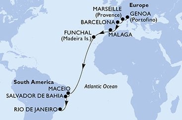 Itálie, Francie, Španělsko, Portugalsko, Brazílie z Janova na lodi MSC Grandiosa