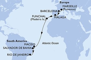 Francie, Španělsko, Portugalsko, Brazílie z Marseille na lodi MSC Grandiosa