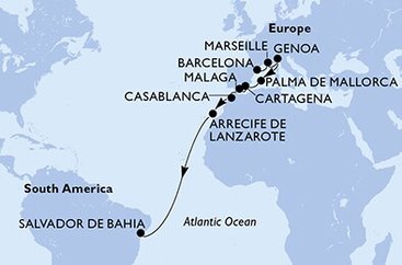 Španělsko, Francie, Itálie, Maroko, Brazílie z Barcelony na lodi MSC Seaview