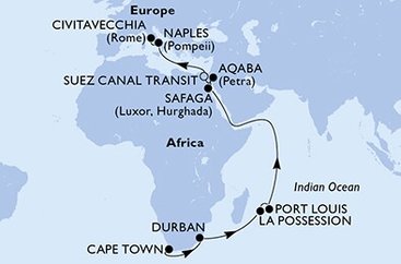 Jihoafrická republika, Reunion, Mauricius, Egypt, Jordánsko, Itálie z Kapského Města na lodi MSC Splendida