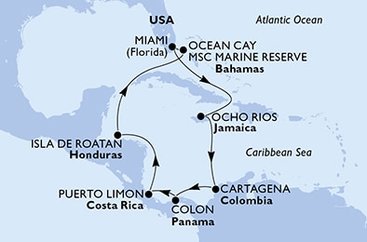 USA, Jamajka, Kolumbie, Panama, Kostarika, Honduras, Bahamy z Miami na lodi MSC Divina