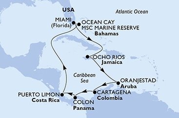 USA, Jamajka, Aruba, Kolumbie, Panama, Kostarika, Bahamy z Miami na lodi MSC Divina