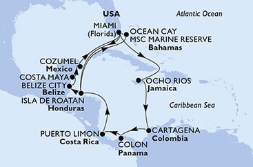 USA, Jamajka, Kolumbie, Panama, Kostarika, Honduras, Bahamy, Belize, Mexiko z Miami na lodi MSC Divina