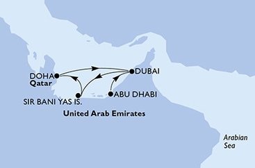 Spojené arabské emiráty, Katar z Abu Dhabi na lodi MSC Virtuosa