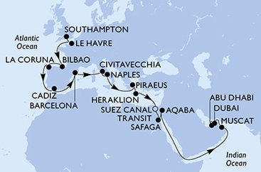 Velká Británie, Francie, Španělsko, Itálie, Řecko, Egypt, Jordánsko, Omán, Spojené arabské emiráty ze Southamptonu na lodi MSC Virtuosa