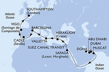 Katar, Spojené arabské emiráty, Omán, Egypt, Řecko, Malta, Španělsko, Velká Británie z Dohy na lodi MSC Virtuosa