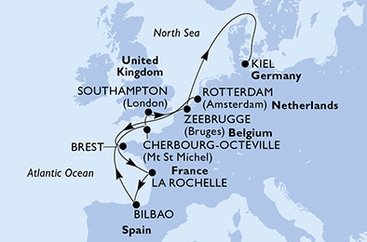 Nizozemsko, Francie, Španělsko, Velká Británie, Belgie, Německo z Rotterdamu na lodi MSC Euribia
