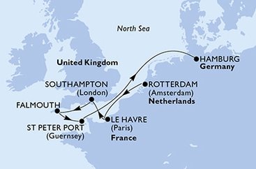 Nizozemsko, Francie, Velká Británie, Korunní závislé území Velké Británie, Německo z Rotterdamu na lodi MSC Euribia
