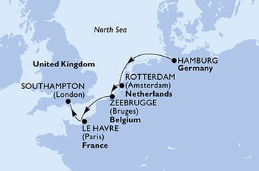 Německo, Nizozemsko, Belgie, Francie, Velká Británie z Hamburku na lodi MSC Euribia