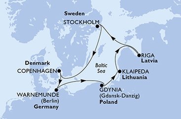 Německo, Polsko, Litva, Lotyšsko, Švédsko, Dánsko z Warnemünde na lodi MSC Poesia