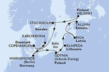 Německo, Polsko, Litva, Lotyšsko, Estonsko, Finsko, Švédsko, Dánsko z Warnemünde na lodi MSC Poesia