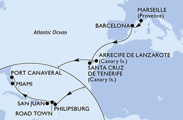 Francie, Španělsko, Svatý Martin, Britské Panenské ostrovy, USA z Marseille na lodi MSC Seashore