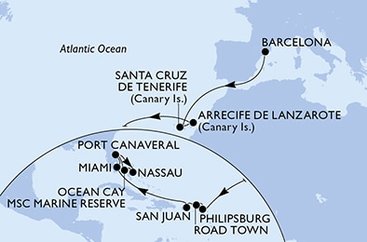 Španělsko, Svatý Martin, Britské Panenské ostrovy, USA, Bahamy z Barcelony na lodi MSC Seashore