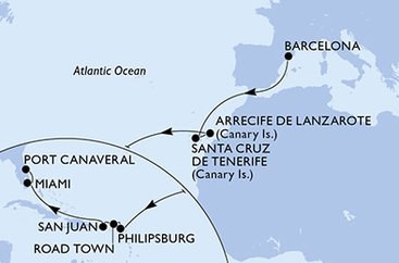 Španělsko, Svatý Martin, Britské Panenské ostrovy, USA z Barcelony na lodi MSC Seashore