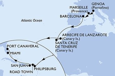 Itálie, Francie, Španělsko, Svatý Martin, Britské Panenské ostrovy, USA z Janova na lodi MSC Seashore