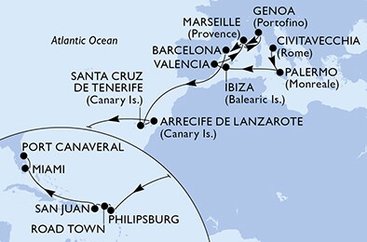 Itálie, Španělsko, Francie, Svatý Martin, Britské Panenské ostrovy, USA z Civitavecchia na lodi MSC Seashore