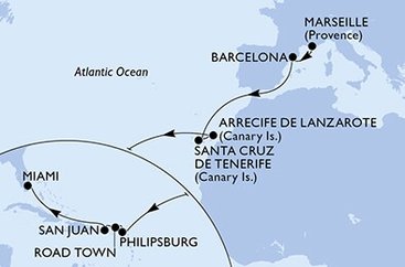 Francie, Španělsko, Svatý Martin, Britské Panenské ostrovy, USA z Marseille na lodi MSC Seashore