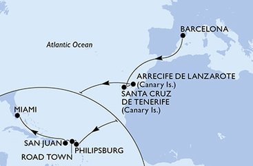 Španělsko, Svatý Martin, Britské Panenské ostrovy, USA z Barcelony na lodi MSC Seashore