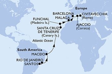 Brazílie, Španělsko, Portugalsko, Francie, Itálie ze Santosu na lodi MSC Armonia