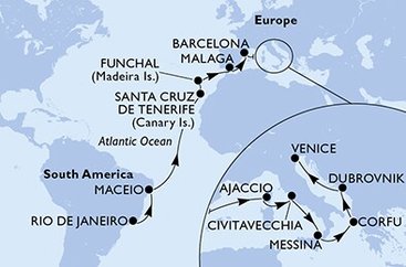 Brazílie, Španělsko, Portugalsko, Francie, Itálie, Řecko, Chorvatsko z Rio de Janeira na lodi MSC Armonia