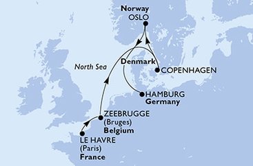 Francie, Belgie, Dánsko, Norsko, Německo z Le Havru na lodi MSC Preziosa