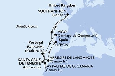 Velká Británie, Španělsko, Portugalsko ze Southamptonu na lodi MSC Virtuosa