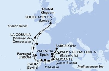 Velká Británie, Španělsko, Portugalsko ze Southamptonu na lodi MSC Virtuosa