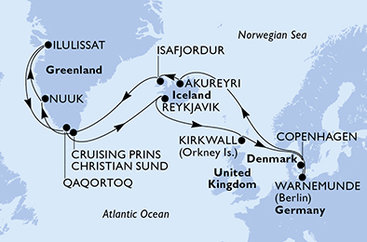 Německo, Island, Autonomní oblast Dánska, Velká Británie, Dánsko z Warnemünde na lodi MSC Poesia