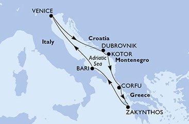 Itálie, Chorvatsko, Černá Hora, Řecko z Bari na lodi MSC Armonia