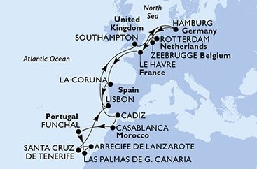 Velká Británie, Německo, Belgie, Nizozemsko, Francie, Španělsko, Maroko, Portugalsko ze Southamptonu na lodi MSC Euribia