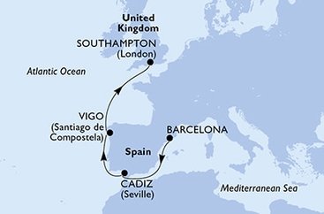 Španělsko, Velká Británie z Barcelony na lodi MSC Virtuosa
