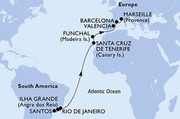 Brazílie, Španělsko, Portugalsko, Francie ze Santosu na lodi MSC Seashore