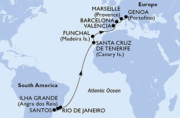 Brazílie, Španělsko, Portugalsko, Francie, Itálie ze Santosu na lodi MSC Seashore