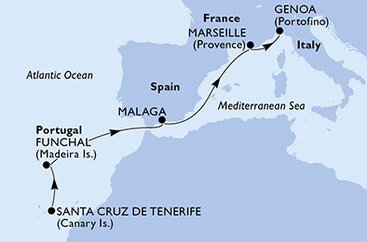 Španělsko, Portugalsko, Francie, Itálie z Tenerife na lodi MSC Poesia