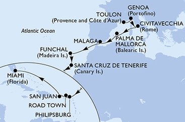 Francie, Itálie, Španělsko, Portugalsko, Svatý Martin, Britské Panenské ostrovy, USA z Toulonu na lodi MSC Magnifica