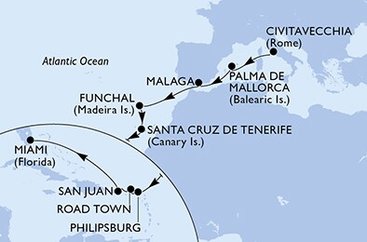 Itálie, Španělsko, Portugalsko, Svatý Martin, Britské Panenské ostrovy, USA z Civitavecchia na lodi MSC Magnifica