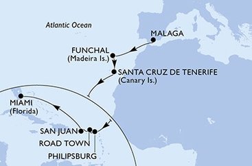 Španělsko, Portugalsko, Svatý Martin, Britské Panenské ostrovy, USA z Málagy na lodi MSC Magnifica