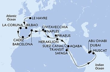 Francie, Španělsko, Itálie, Řecko, Egypt, Jordánsko, Omán, Spojené arabské emiráty z Le Havru na lodi MSC Virtuosa