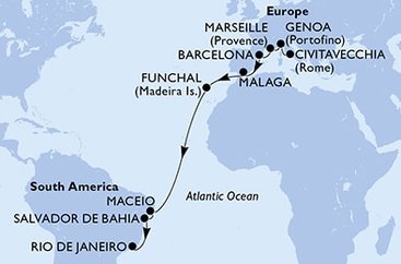 Itálie, Francie, Španělsko, Portugalsko, Brazílie z Civitavecchia na lodi MSC Grandiosa
