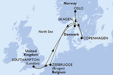 Velká Británie, Dánsko, Norsko, Belgie ze Southamptonu na lodi MSC Virtuosa