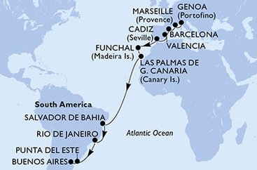 Itálie, Francie, Španělsko, Portugalsko, Brazílie, Uruguay, Argentina z Janova na lodi MSC Musica