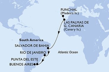 Portugalsko, Španělsko, Brazílie, Uruguay, Argentina z Funchalu na lodi MSC Musica