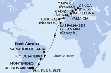 Itálie, Francie, Španělsko, Portugalsko, Brazílie, Uruguay, Argentina z Janova na lodi MSC Musica