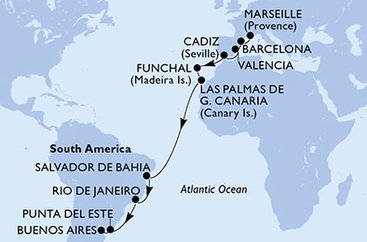 Francie, Španělsko, Portugalsko, Brazílie, Uruguay, Argentina z Marseille na lodi MSC Musica