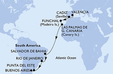 Španělsko, Portugalsko, Brazílie, Uruguay, Argentina z Valencie na lodi MSC Musica