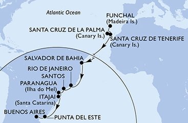 Portugalsko, Španělsko, Brazílie, Uruguay, Argentina z Funchalu na lodi MSC Lirica