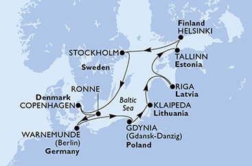 Německo, Polsko, Litva, Lotyšsko, Estonsko, Finsko, Švédsko, Dánsko z Warnemünde na lodi MSC Poesia