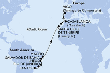 Brazílie, Španělsko, Maroko ze Santosu na lodi MSC Preziosa