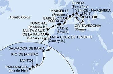 Itálie, Chorvatsko, Černá Hora, Francie, Španělsko, Portugalsko, Brazílie z Benátek na lodi MSC Lirica